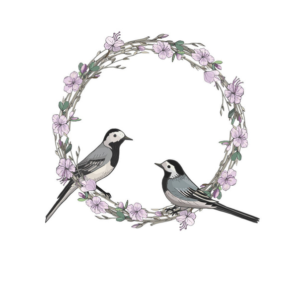 Ledum, wreath, birds, spring flowers - Vecteur, image
