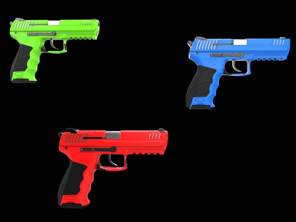 Red, green and blue modern handguns - Photo, Image