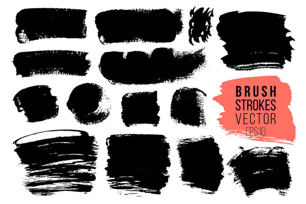 Big vector set of hand drawn brush strokes and stains. One color monochrome artistic hand drawn backgrounds and graphic resources. Various shape ink spots. - Vector, Image