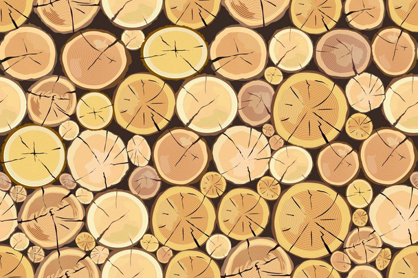 Wooden logs. Brown bark of felled dry wood. - Vector, Imagen