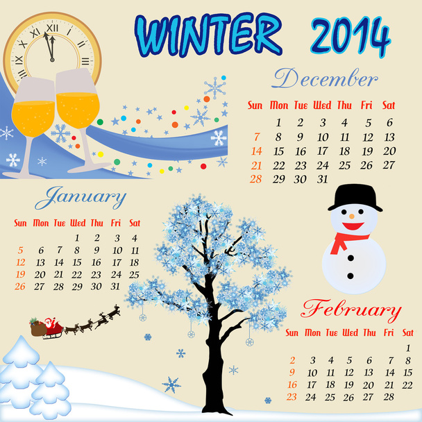 χειμώνα ημερολόγιο 2014 - Διάνυσμα, εικόνα
