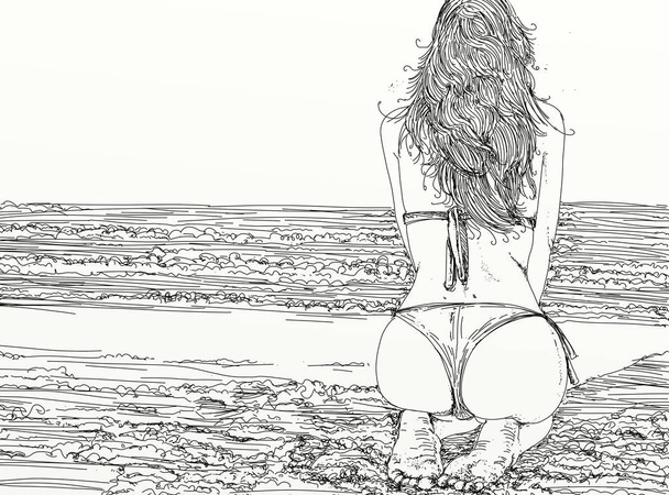 ビーチでのビキニで手描きの女性。アート - 写真・画像