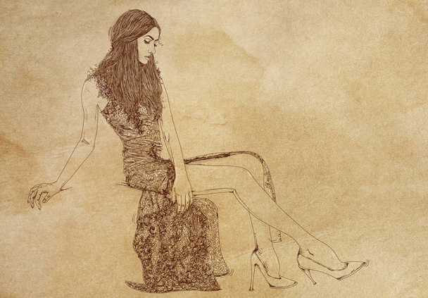 Sketch illustration in closeup of a serious woman with full, thick straight hair with bangs. - Φωτογραφία, εικόνα