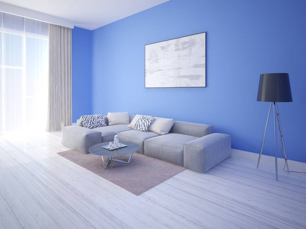Vysmívat se moderní obývací pokoj s šedá rohová pohovka a modré stylové zázemí. - Fotografie, Obrázek