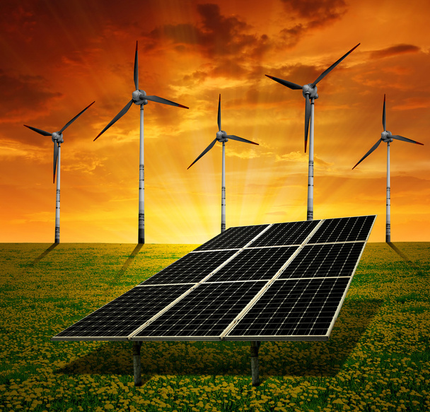 Painéis solares e turbina eólica
 - Foto, Imagem