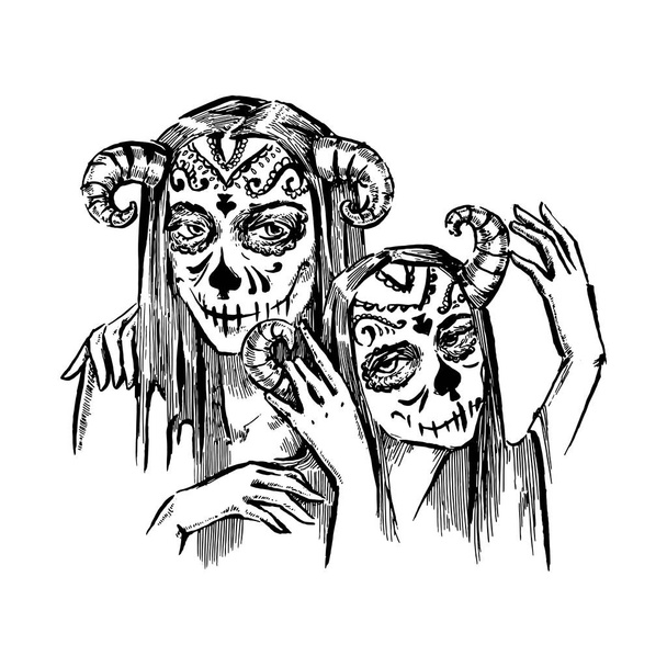 Teufel Mädchen Charakter handgezeichnete Illustration auf weißem Hintergrund - Vektor, Bild