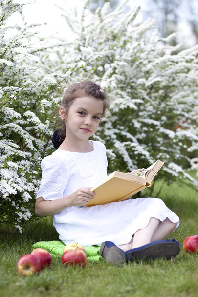 Portrait of beautiful little girl in spring blossom - Фото, зображення