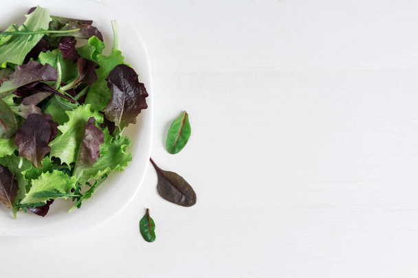 Plate with salad greens on a white wooden background. Background for a banner of cooking, restaurant, cafe. Plate of salad greens, arugula, lettuce. Flat lay, top view. - 写真・画像