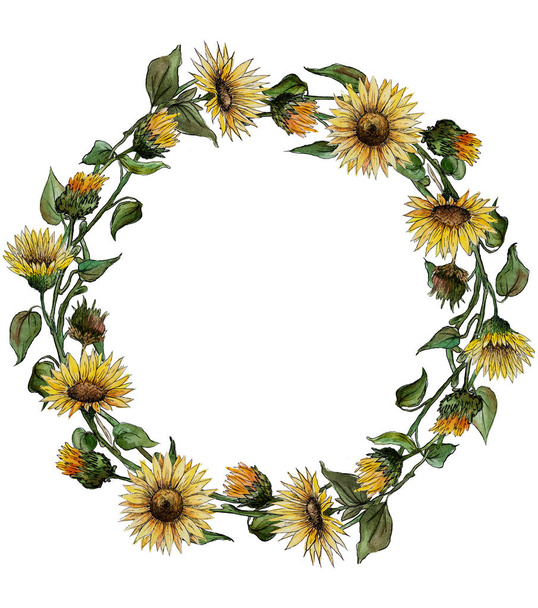 Kranz runder Rahmen der Blumen der Knospen der Blätter der Stiele einer Sonnenblume - Foto, Bild