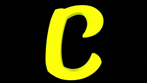 3D-weergave van een computer gegenereerde animatie van een transformatie van de "A" brief op de "B" en dan op de letter "C", gevolgd door de omgekeerde transformatie. Op zwarte achtergrond, gevolgd door alpha mat geel. - Video
