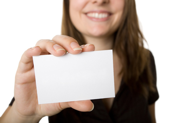 Empresaria mostrando una tarjeta en blanco
 - Foto, Imagen