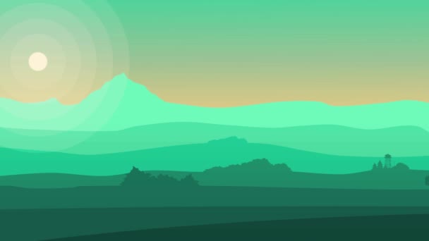 Animatie landschap met bergen, heuvels, lucht en een zon. Animatie van een mooi silhouet landschap-achtergrond, met bergen bereik, sky en zonsondergang - Video