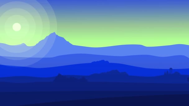 Κινούμενα σχέδια τοπίο με βουνά, λόφους, ουρανό και τον ήλιο. Κινούμενη εικόνα του μια όμορφη σιλουέτα τοπίο φόντου, με Όρη, ουρανό και ηλιοβασίλεμα - Πλάνα, βίντεο