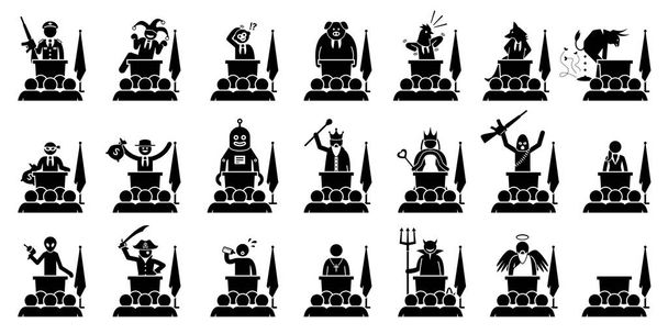 Different type of politician, president, prime minister, or ruler of a country giving speech. Artwork depicts the many kind of faces, characters, and personalities of a politician in the government. - Vector, Image