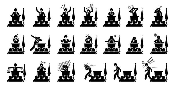 Politician, president, or prime minister actions, feelings, and emotions during his speech. Artwork depicts set of different poses and body languages by a government leader of a country. - Vector, Image