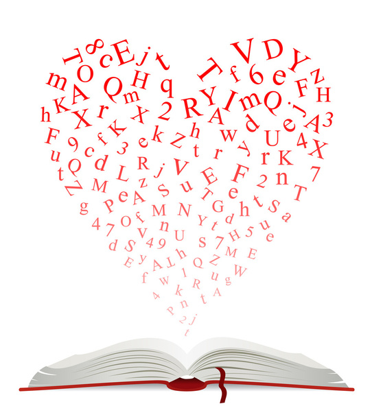 Nyitott könyv szívvel betűk - Vektor, kép