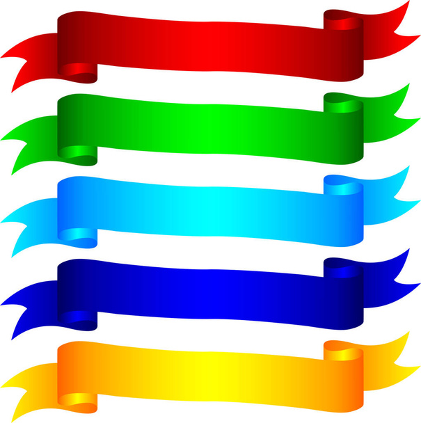 een set van vijf gekleurde linten (rood, licht blauw, donker blauw, groen en geel) - Vector, afbeelding