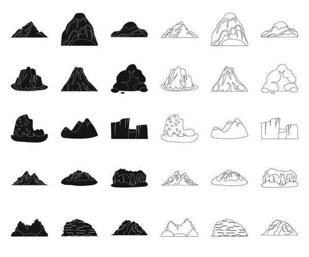 Different mountains black,outline icons in set collection for design.Mountains and landscape vector symbol stock web illustration. - Vektor, obrázek