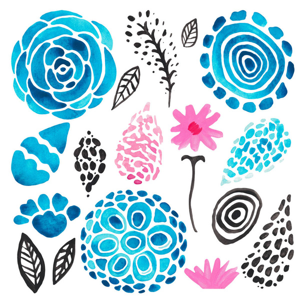 Graphic Ensemble botanique de bleu rose noir sur fond blanc isolé Ensemble d'éléments stylisés fleurs feuilles branches taches coups
 - Photo, image