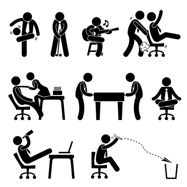 Empleado trabajador personal oficina lugar de trabajo divertirse jugando palo figura pictograma icono - Vector, Imagen