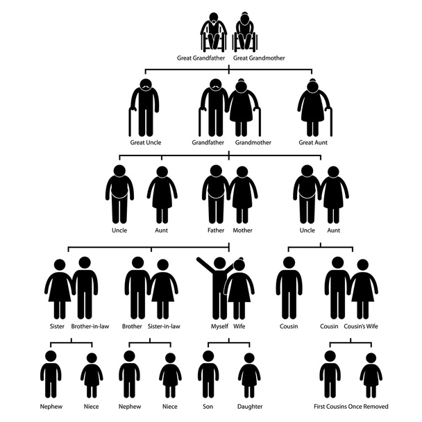 Diagrama de genealogia da árvore genealógica da família Stick Figura Pictograma Ícone
 - Vetor, Imagem