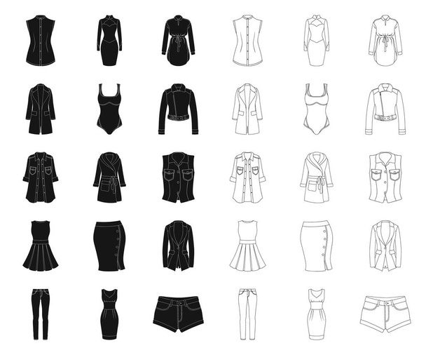 Vrouwen kleding zwart, overzicht pictogrammen in set collectie voor design. Variëteiten van de kleding en accessoires symbool voorraad web vectorillustratie. - Vector, afbeelding