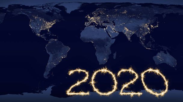 2020 r. tekst na mapie świata w nocy - Zdjęcie, obraz