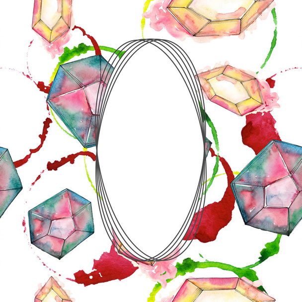 Colorful diamond rock jewelry minerals. Geometric quartz polygon crystal stone. Watercolor background illustration set. Watercolour drawing fashion aquarelle isolated. Frame border ornament square. - Foto, Imagem