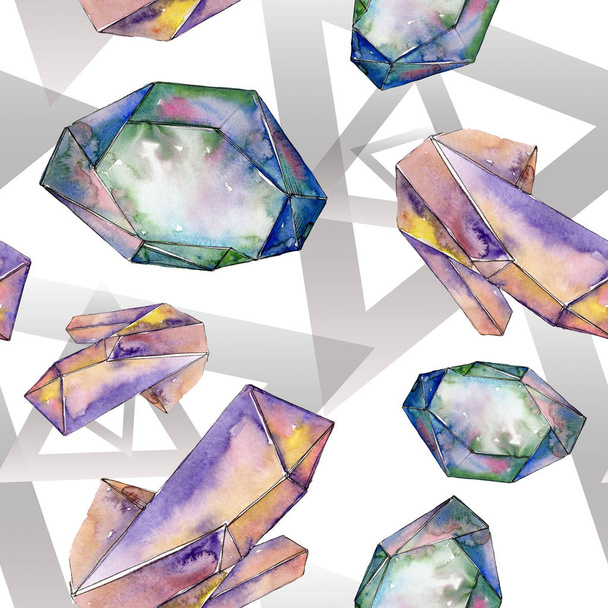 Colorful rock jewelry minerals. Geometric polygon crystal stone. Watercolor illustration set. Watercolour drawing aquarelle isolated. Seamless background pattern. Fabric wallpaper print texture. - Photo, Image
