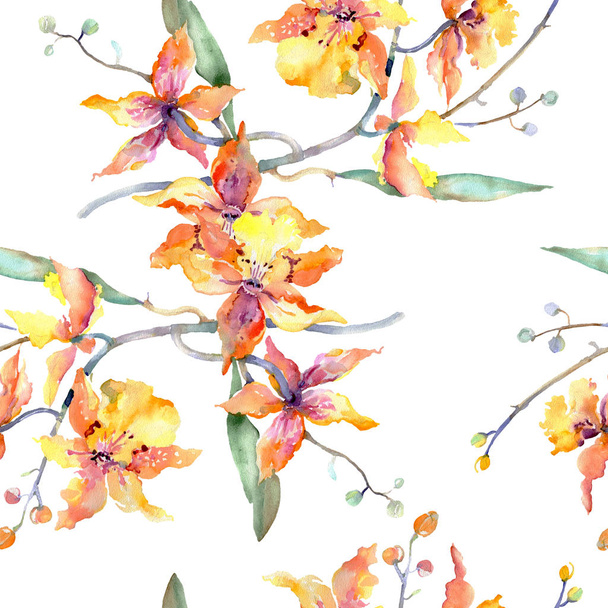 Branch of yellow orchid botanical flowers. Wild spring leaf isolated. Watercolor illustration set. Watercolour drawing fashion aquarelle. Seamless background pattern. Fabric wallpaper print texture. - Photo, Image