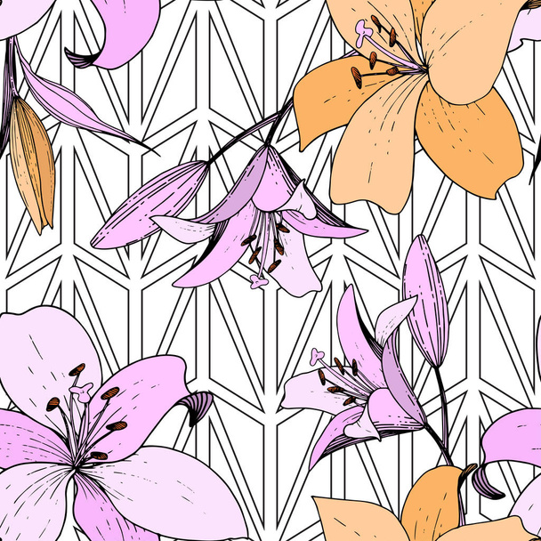 Vektor liliom virág botanikai virág. Vad tavaszi levél vadvirág elszigetelt. Vésett tinta art. Varratmentes háttérben minta. Anyagot a nyomtatási textúrát. - Vektor, kép