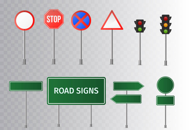Набір дорожніх знаків і зелених дорожніх знаків. ізольовано на прозорому фоні. Векторні ілюстрації
.   - Вектор, зображення