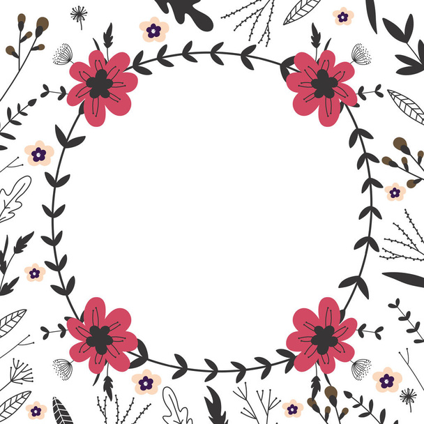 Frame of different flowers, leaves and florals. Hand drawn elements, vector illustration for print.  - Vettoriali, immagini
