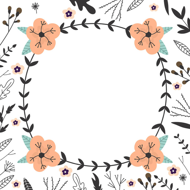 Frame of different flowers, leaves and florals. Hand drawn elements, vector illustration for print.  - Vector, Imagen