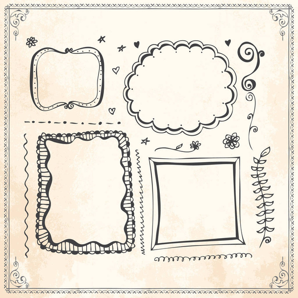Hand drawn doodle line border frame elements set - Vector, imagen