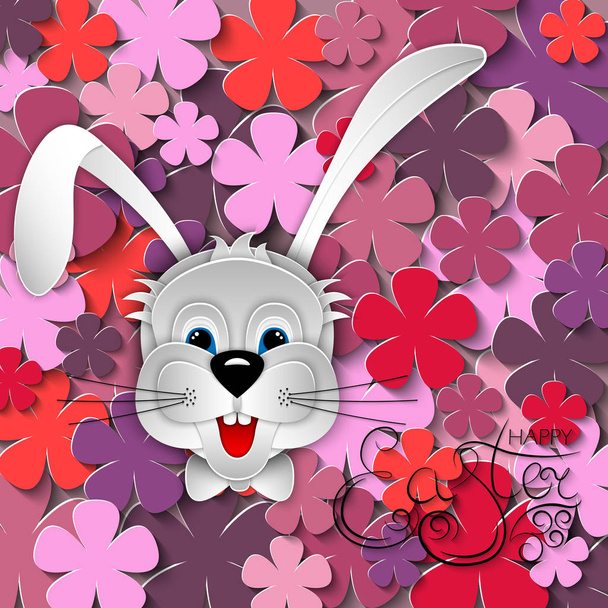 Easter card with bunny rabbit spring flowers on on spring lilac  - Vektör, Görsel