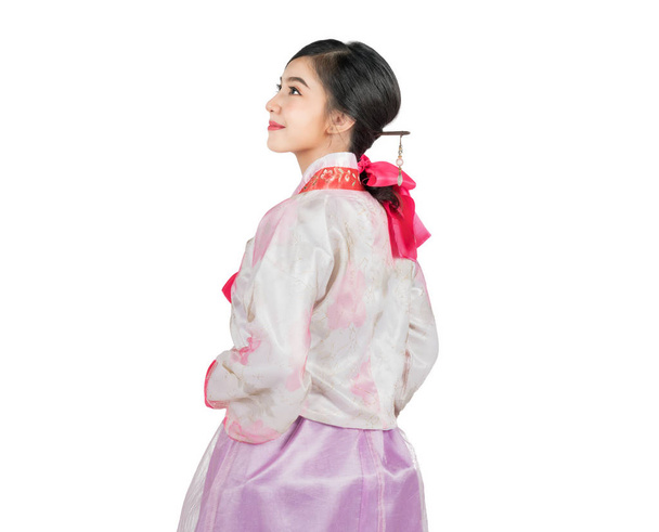 Koreai Hanbok, a hagyományos koreai ruha fehér nő  - Fotó, kép