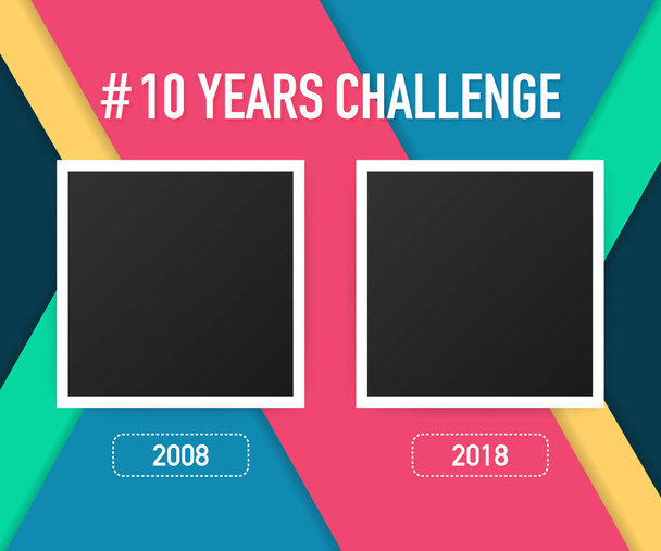 Template with hashtag 10 years challenge concept. Lifestyle before and after ten years. Vector illustration. - Vector, Image