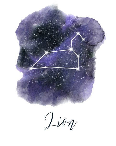 Sterrenbeeld Leo. Donker blauwe hand getekend aquarel nachtelijke hemel met sterren. Ruwe, artistieke randen. Raster versie. - Foto, afbeelding