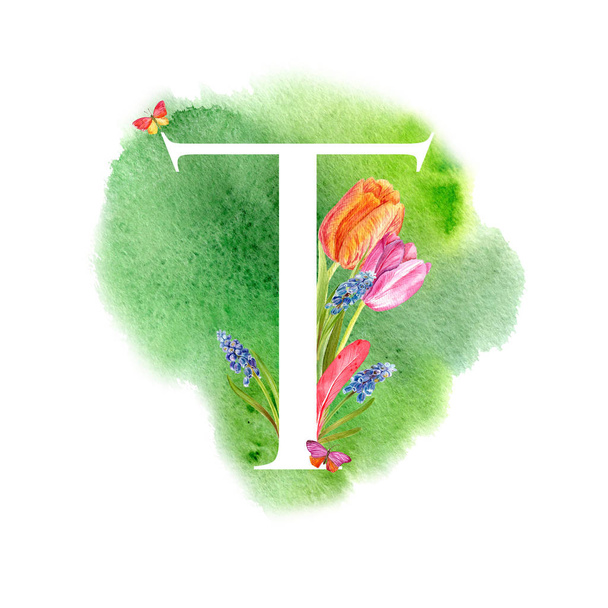 Letter T. A letter of the alphabet with spring flowers, muscari tulips, for invitations, cards, weddings and more. - Valokuva, kuva