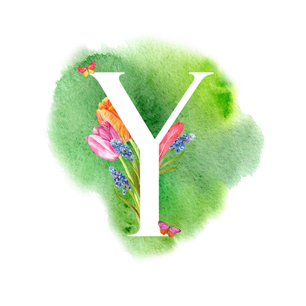Letter Y. A letter of the alphabet with spring flowers, muscari tulips, for invitations, cards, weddings and more. - Fotó, kép