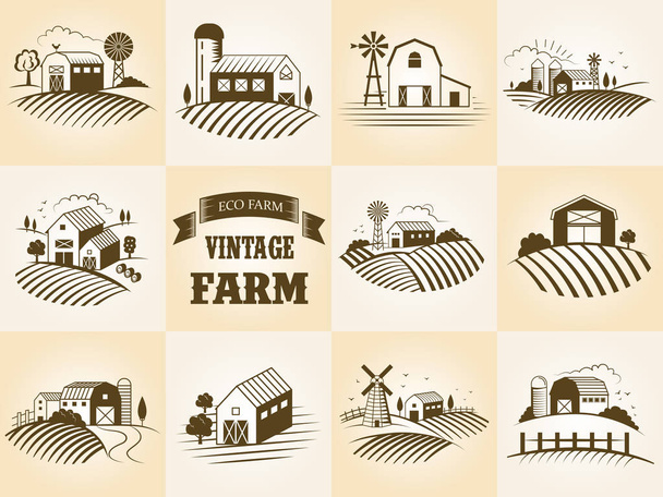 Conjunto de etiqueta eco granja vintage, paisajes, edificios, archivos. Ilustración vectorial de estilo de corte en madera retro
. - Vector, Imagen