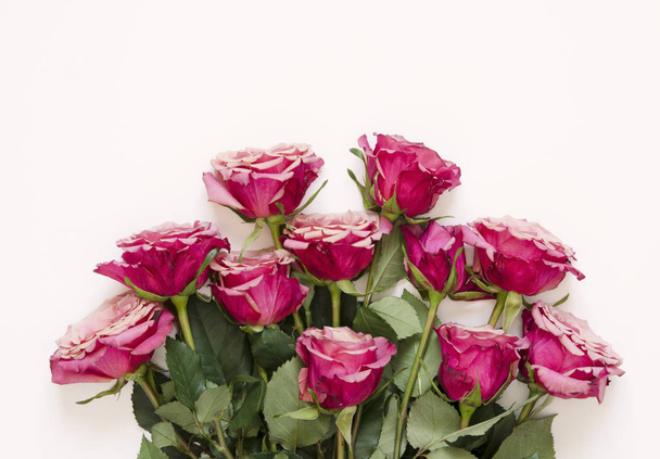 Flowers composition. Roses flowers on white background. Flat lay, top view, copy space. - Image - Photo, image