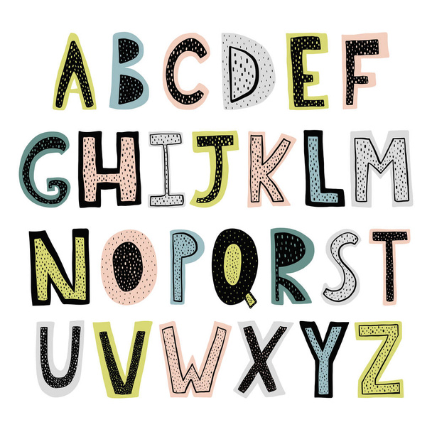Hand drawn alphabet. Poster with hand drawn letters in scandinavian style. Vector illustration - Vektör, Görsel