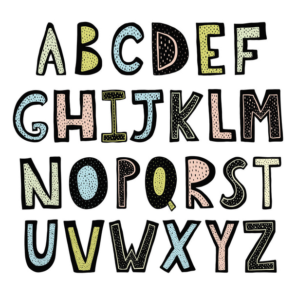 Zabawny ciągnione alfabetu. Plakat z ręcznie rysowane liter w stylu skandynawskim. Ilustracja wektorowa - Wektor, obraz