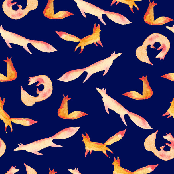 Cute orange red foxes watercolor seamless pattern on dark blue navy background. Cartoon simple foxes playing, curled, jumping, sitting - Photo, Image