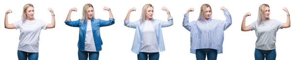 Collage of beautiful blonde young woman over isolated background showing arms muscles smiling proud. Fitness concept. - Photo, Image