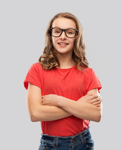 smiling student girl in glasses and red t-shirt - Photo, Image