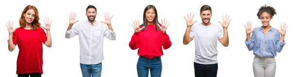 Collage van groep chinese, Indiase, Spaanse mensen boven geïsoleerd achtergrond weergegeven en met de vingers omhoog nummer tien terwijl lacht zelfverzekerd en gelukkig. - Foto, afbeelding