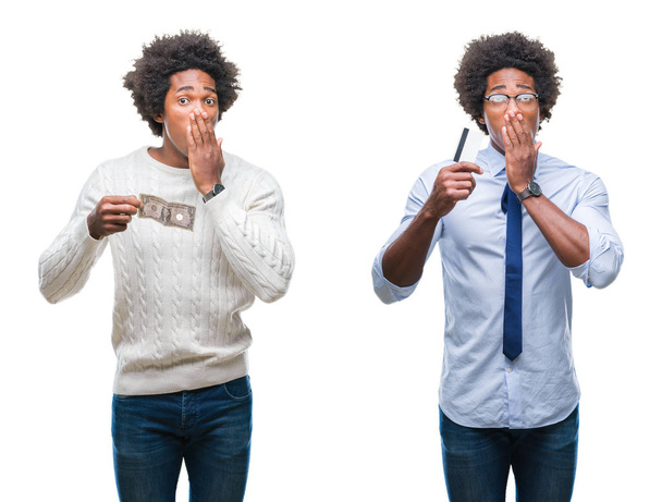 Collage of african american young business man holding dollar and credit card over isolated background cover mouth with hand shocked with shame for mistake, expression of fear, scared in silence, secret concept - Photo, Image